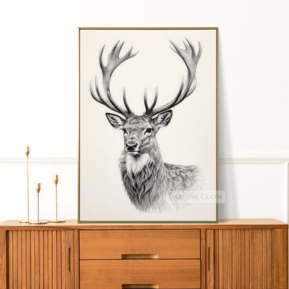 Hand-drawn stag portrait for wall decor.
