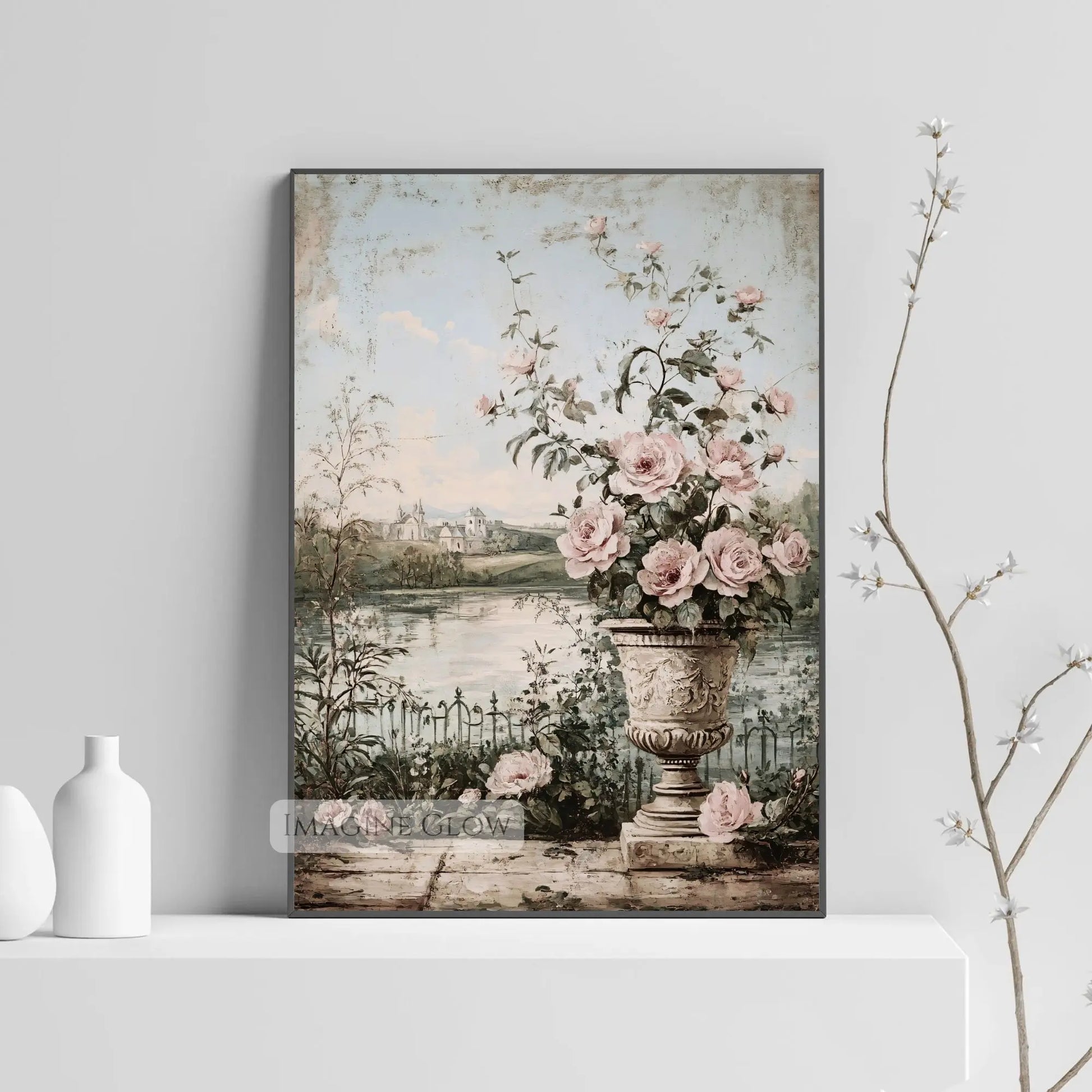 Serene lake scene with vintage floral details.
