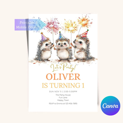 Customizable hedgehog-themed kids’ birthday party invitation.
Rustic forest animal birthday invitation featuring an adorable hedgehog.