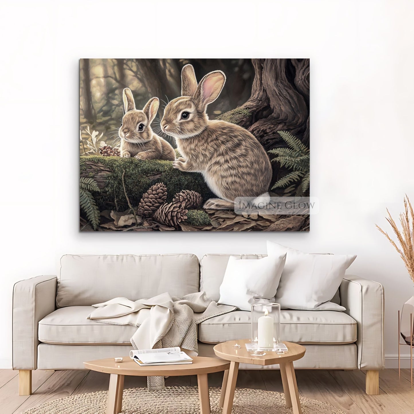 Two rabbits in a tranquil forest print for home.