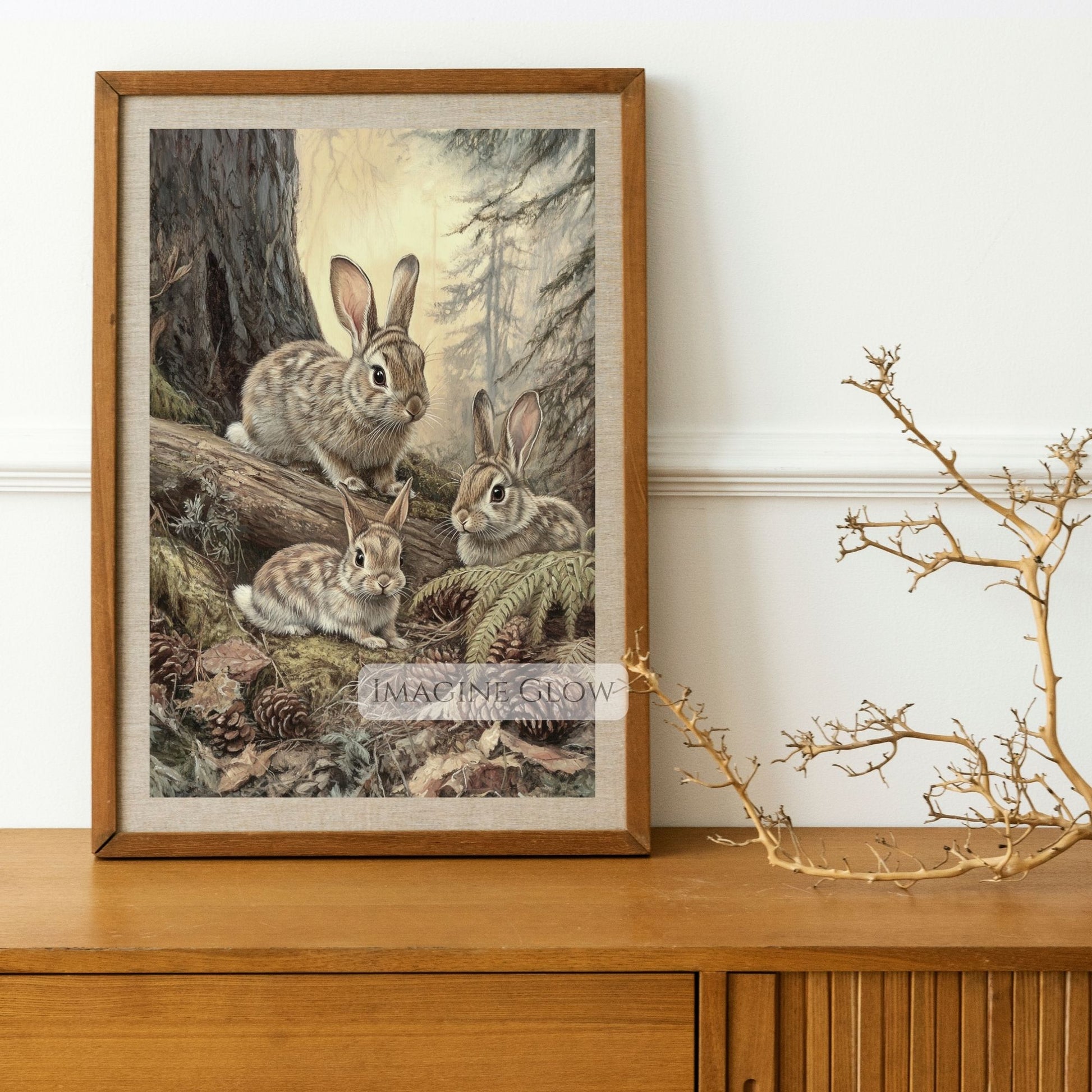 Forest animal illustration featuring bunny family.
