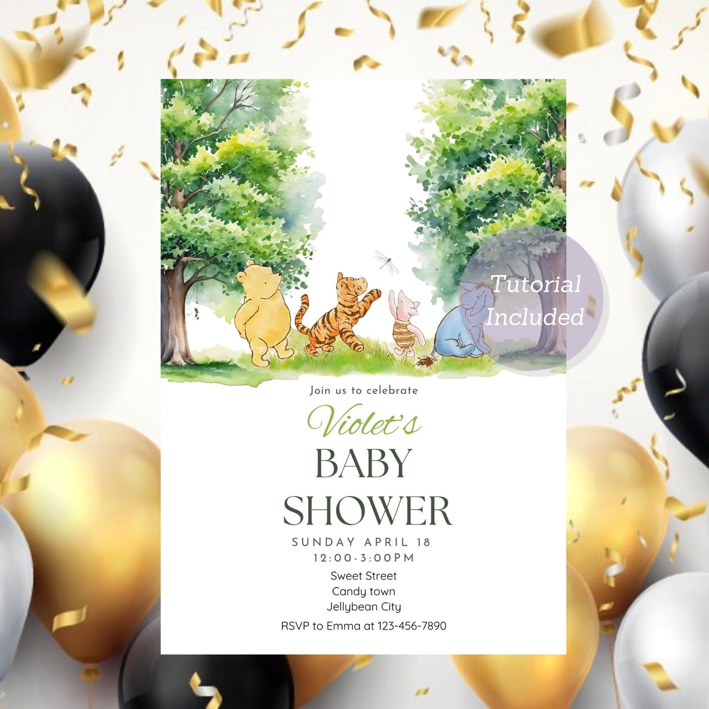 Winnie the Pooh forest theme baby shower invitation for all ages.
