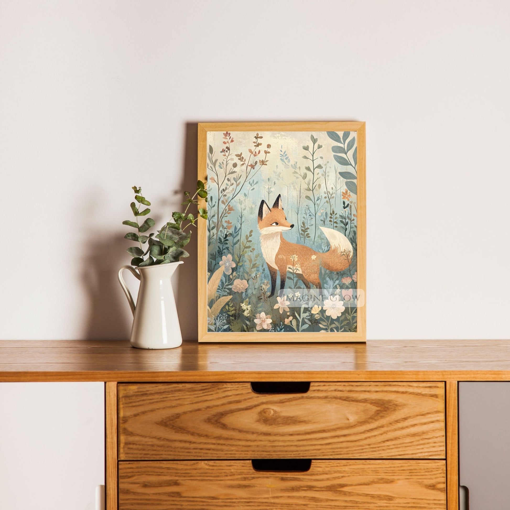 Nature-inspired fox and flowers art print.

