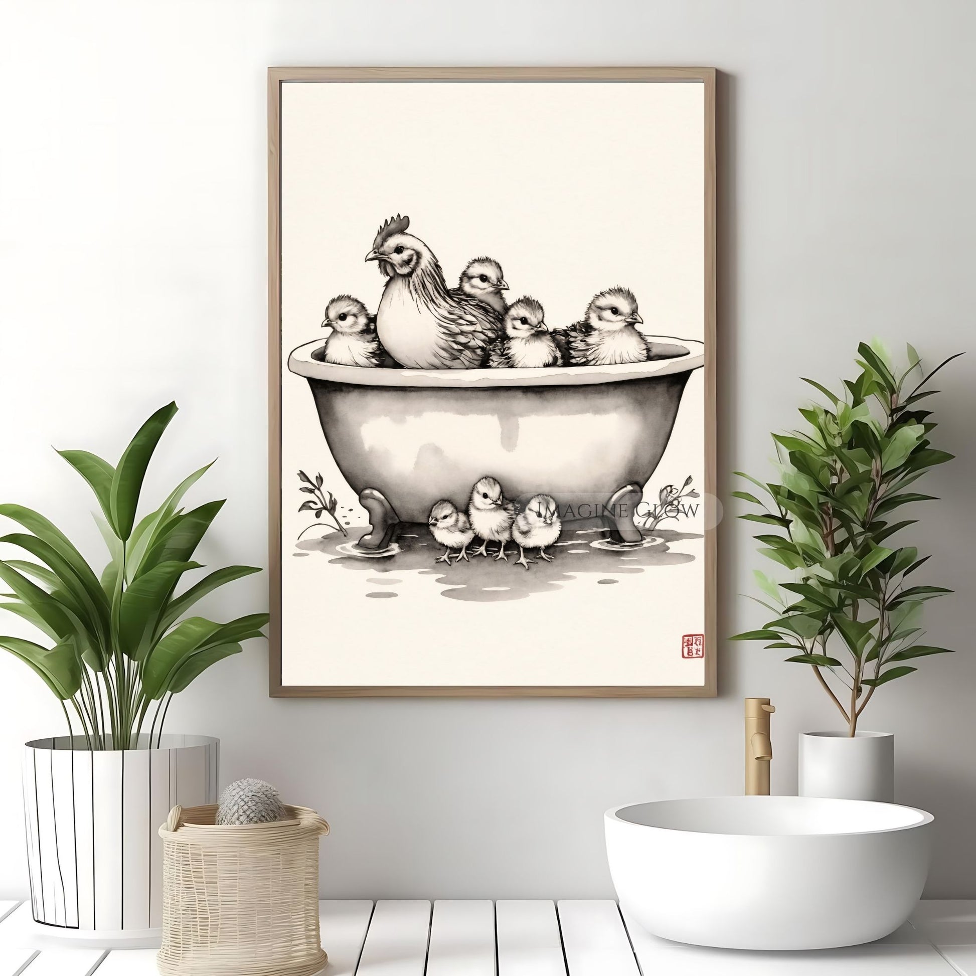 Hen and chick in bathtub farmhouse bathroom wall art

