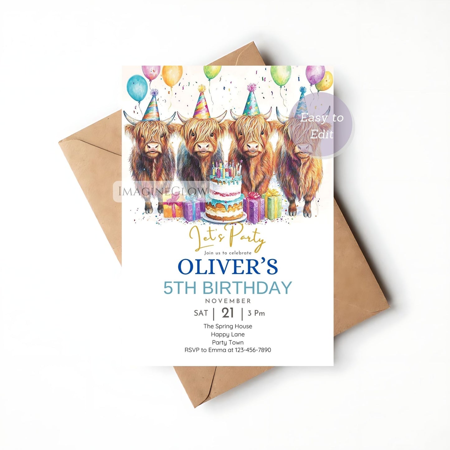 Cute Highland cow party invitation
