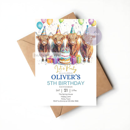 Cute Highland cow party invitation
