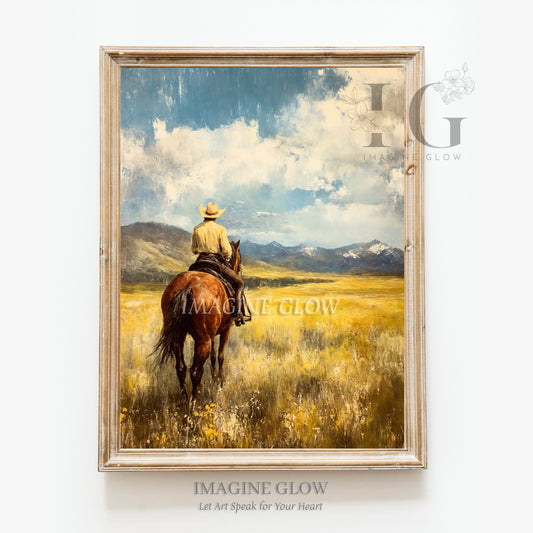 Horseback riding print with a vintage autumn scene featuring a rider on horseback in a fall landscape.
Equestrian artwork showing a horse and rider in a colorful fall setting with rustic charm.
