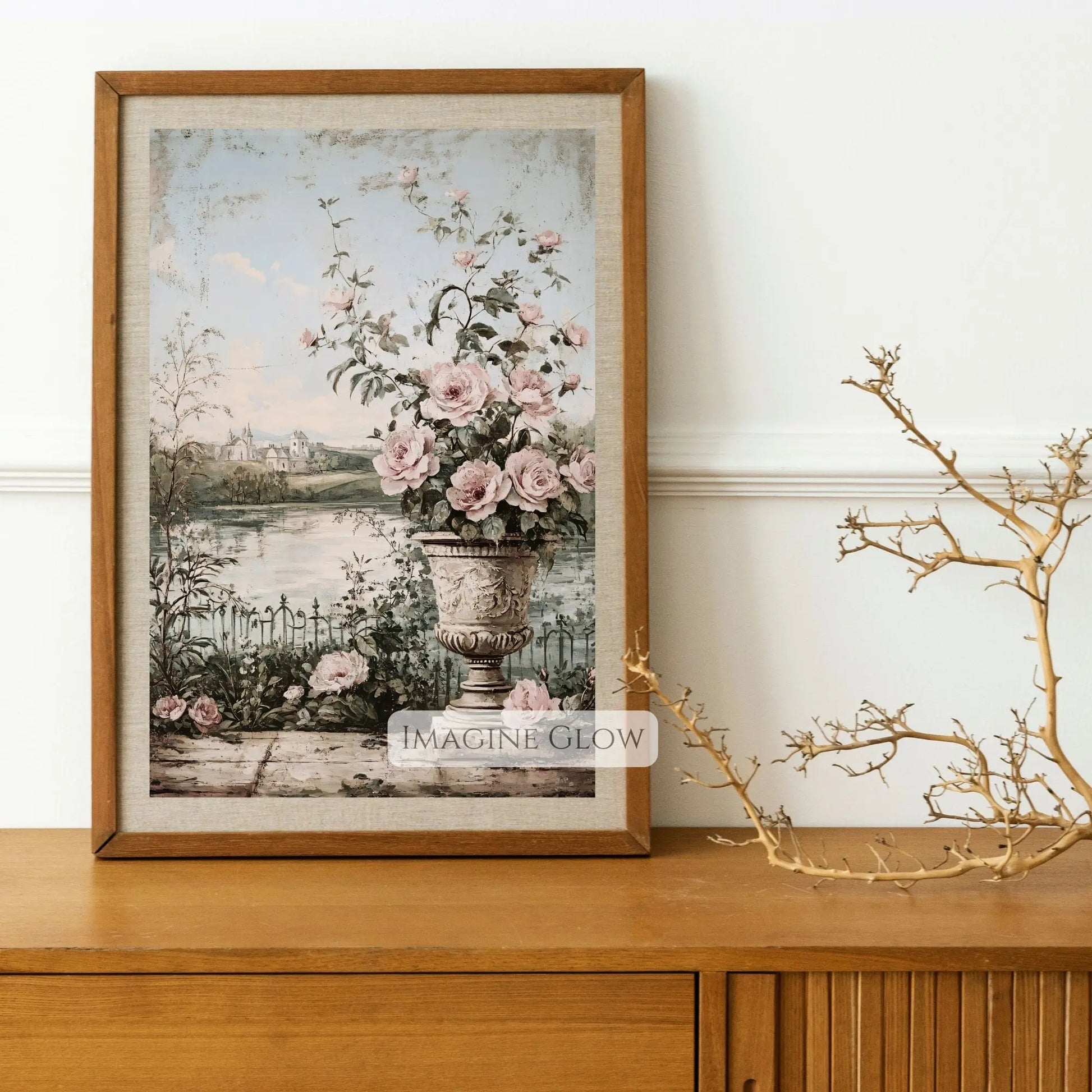 Lake and wildflower art print for rustic interiors.
