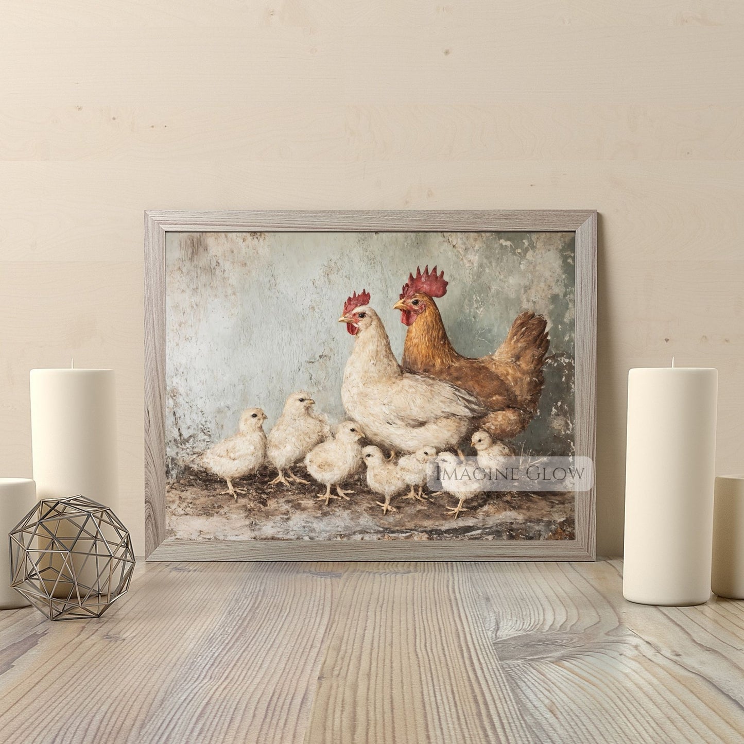 Vintage oil painting depicting chicken and chicks
