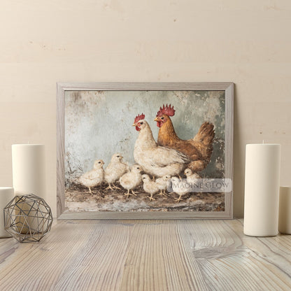 Vintage oil painting depicting chicken and chicks
