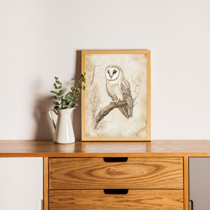 Rustic owl art print for wildlife lovers and home decor.
