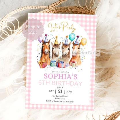 Birthday party invitation with horses and party decorations on a pink checkered background