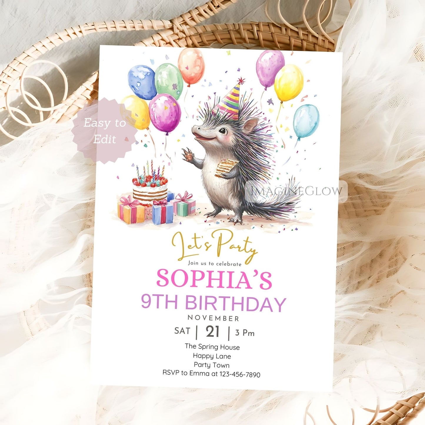 Editable forest animal birthday invitation with porcupine

