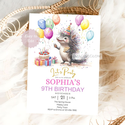 Editable forest animal birthday invitation with porcupine
