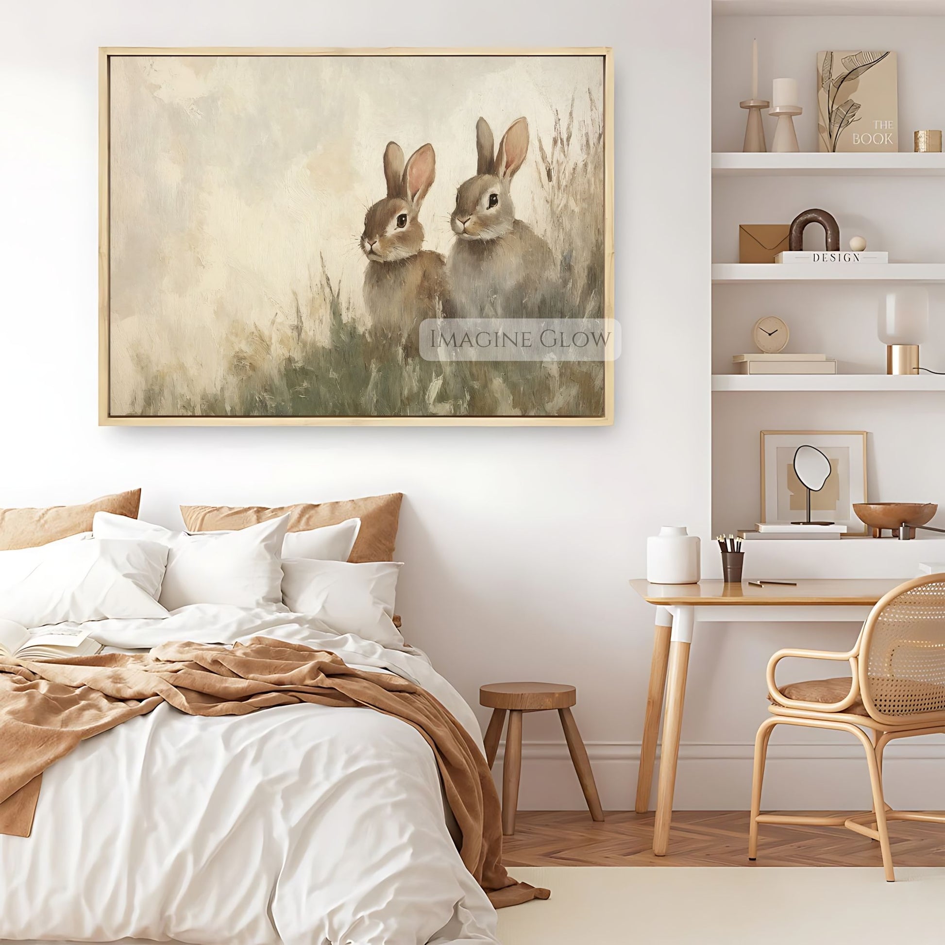 Charming country painting of two rabbits in the wild
