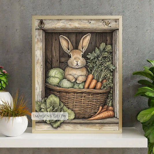 Vintage rabbit sitting in a wicker vegetable basket print.

