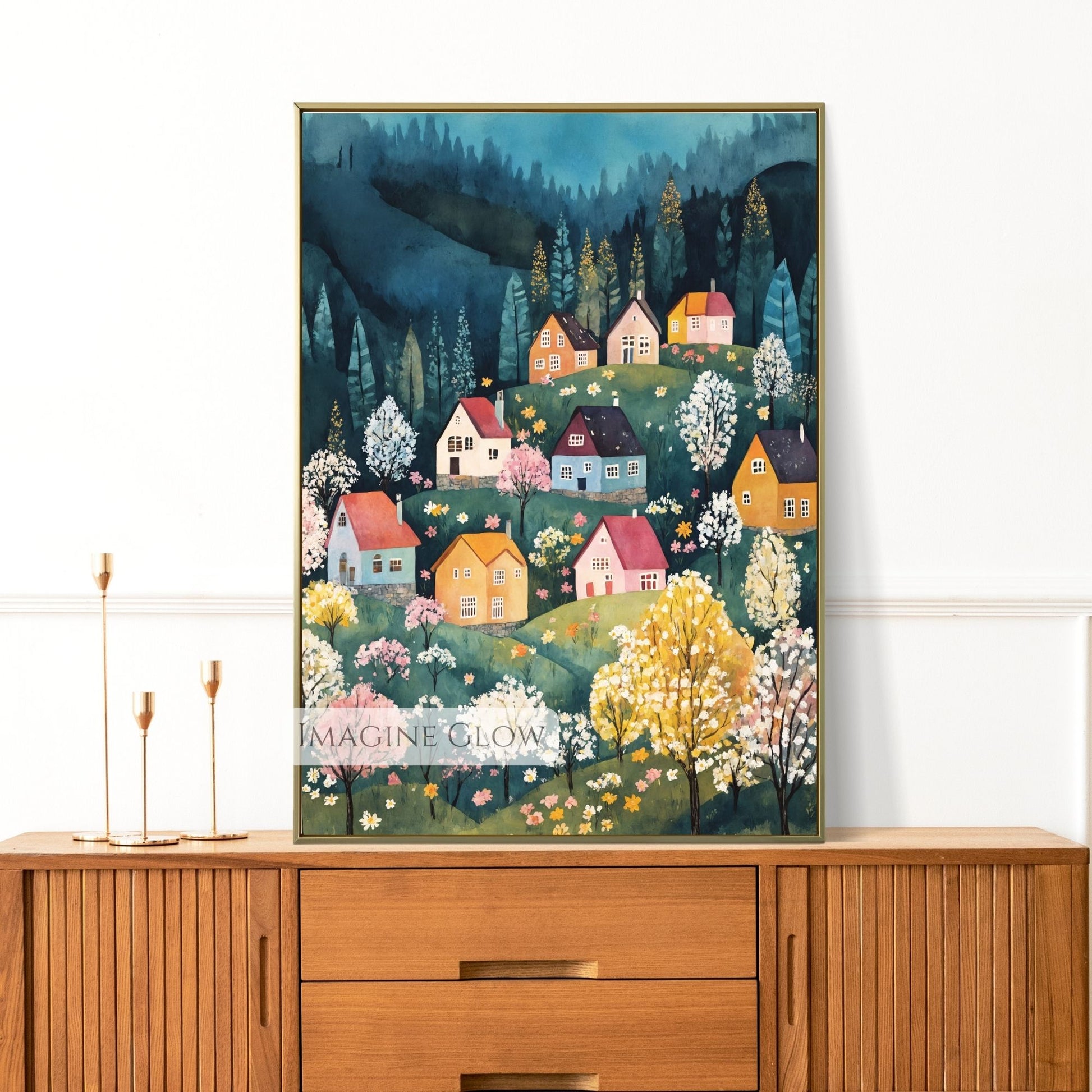 Charming countryside scene in folk art style
