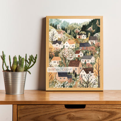 Rustic springtime village scene with flowering trees
