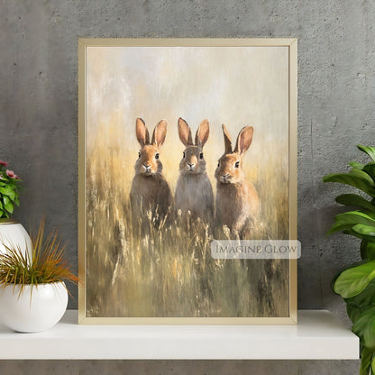 Three rabbits in grass vintage painting for home decor
