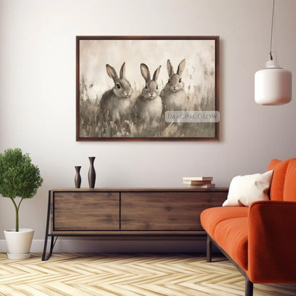 Vintage countryside rabbit art with three bunnies
