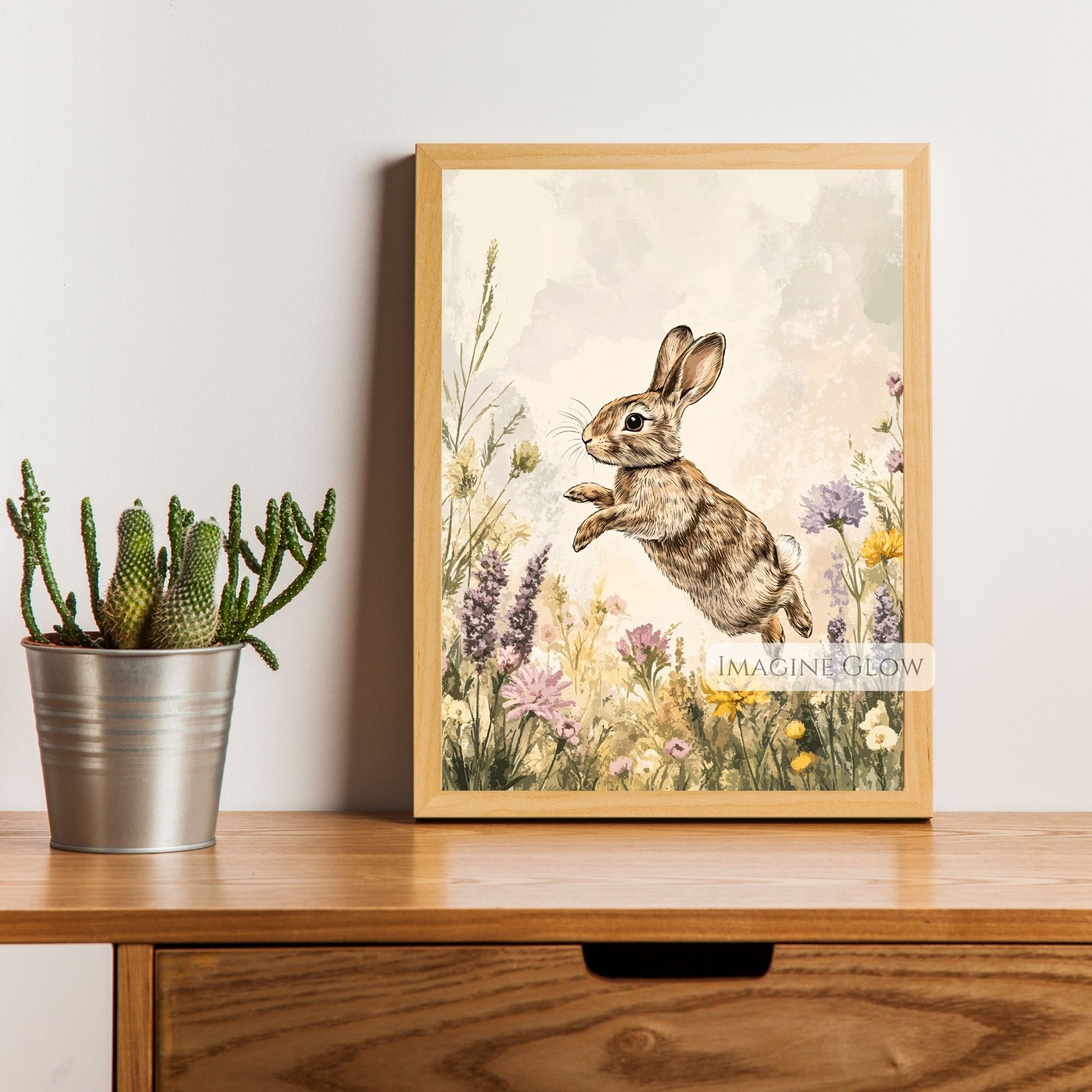 Cute rabbit surrounded by colorful wildflowers.
