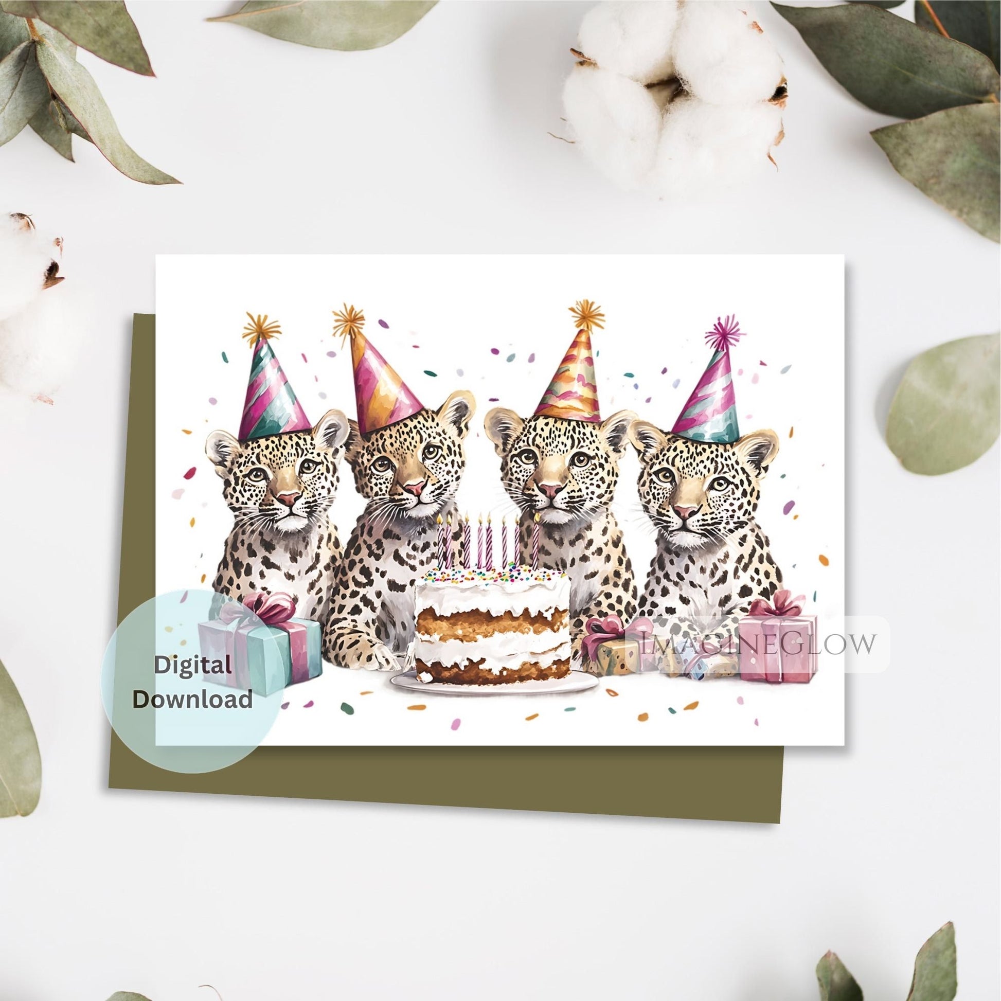 Birthday card with leopards around a cake on a white background