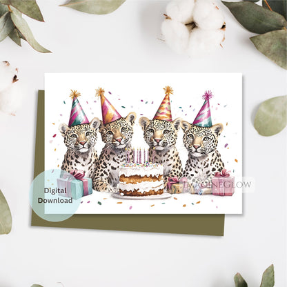 Birthday card with leopards around a cake on a white background