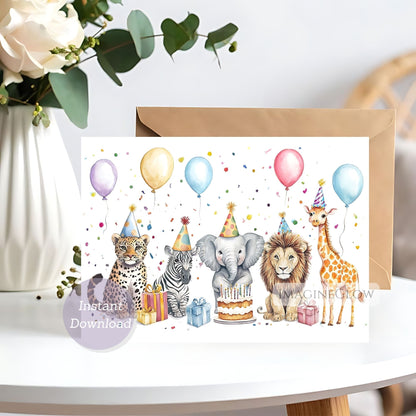 Safari animal birthday card with jungle design
Printable safari animal birthday greeting card
Cheetah zebra lion elephant giraffe birthday card
Adorable safari animal birthday card digital download
