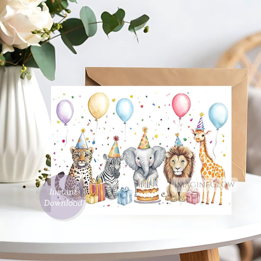 Safari animal birthday card with jungle design
Printable safari animal birthday greeting card
Cheetah zebra lion elephant giraffe birthday card
Adorable safari animal birthday card digital download
