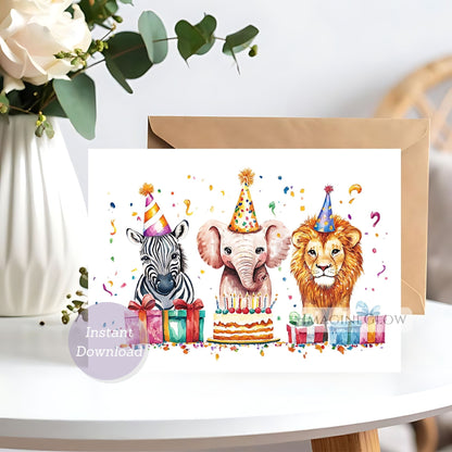Birthday card with zebra, elephant, and lion wearing party hats on a white surface.