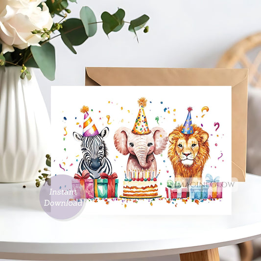 Birthday card with zebra, elephant, and lion wearing party hats on a white surface.