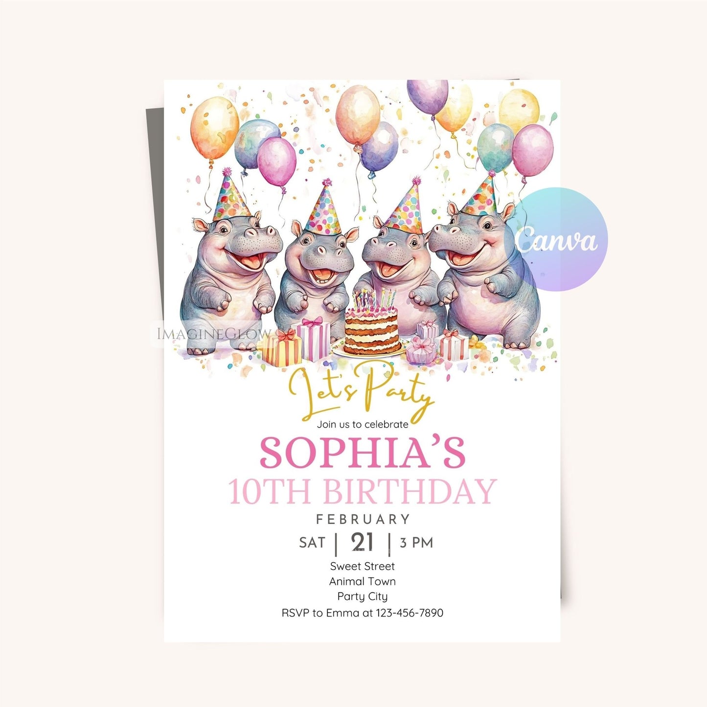 Printable hippo party invitation
Editable hippopotamus birthday invite

