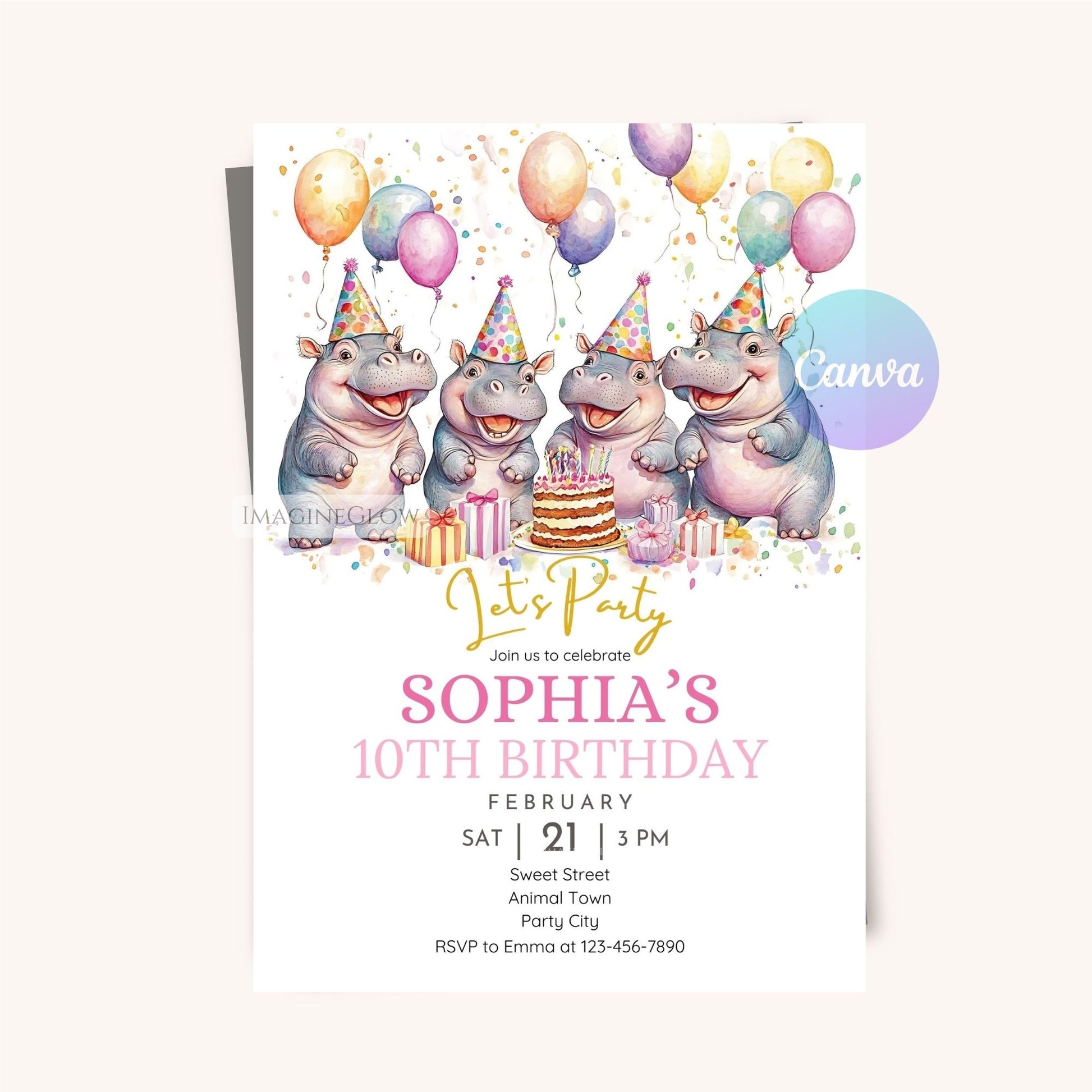 Printable hippo party invitation
Editable hippopotamus birthday invite
