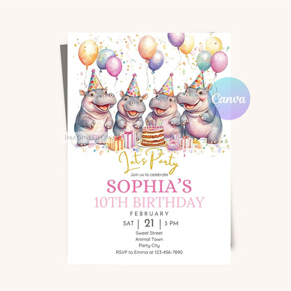 Printable hippo party invitation
Editable hippopotamus birthday invite
