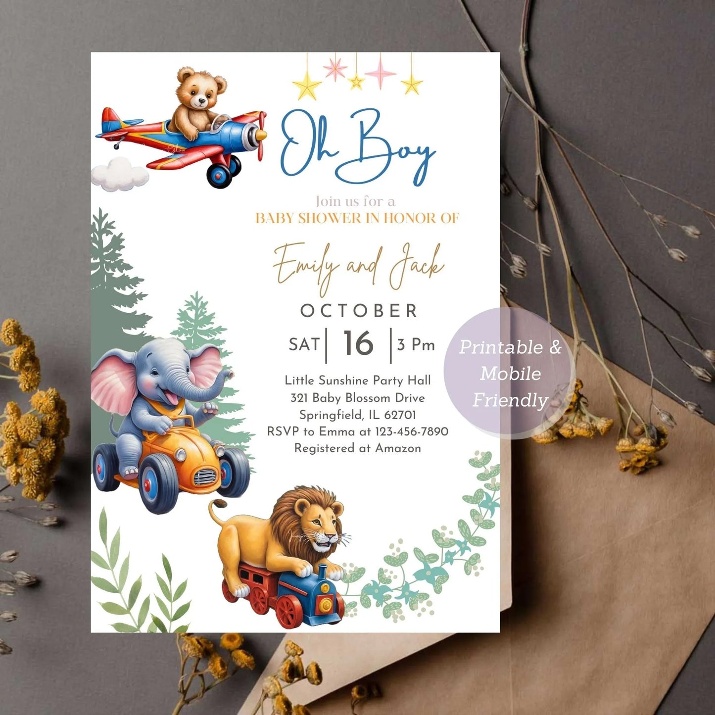 Safari jungle animal party invite for kids birthday celebration.
