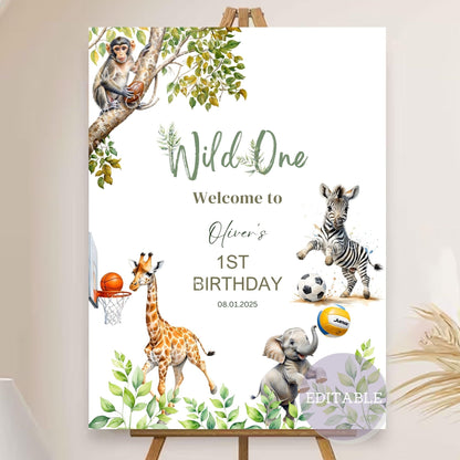 Safari jungle animals 1st birthday welcome sign with greenery design.
Editable greenery party poster featuring safari animals for kids’ celebrations.
