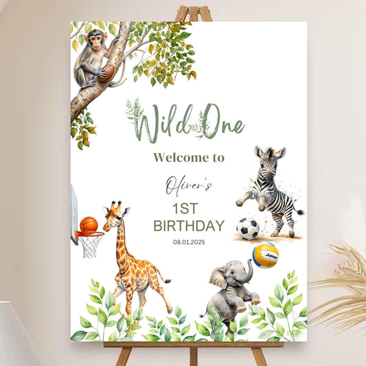 Personalized 1st birthday safari welcome sign with greenery design.
