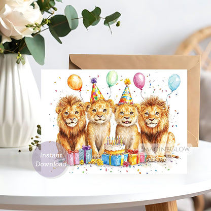 Birthday card with four lions celebrating a birthday, surrounded by balloons and a cake.