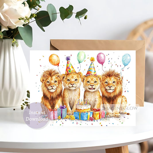 Birthday card with four lions celebrating a birthday, surrounded by balloons and a cake.
