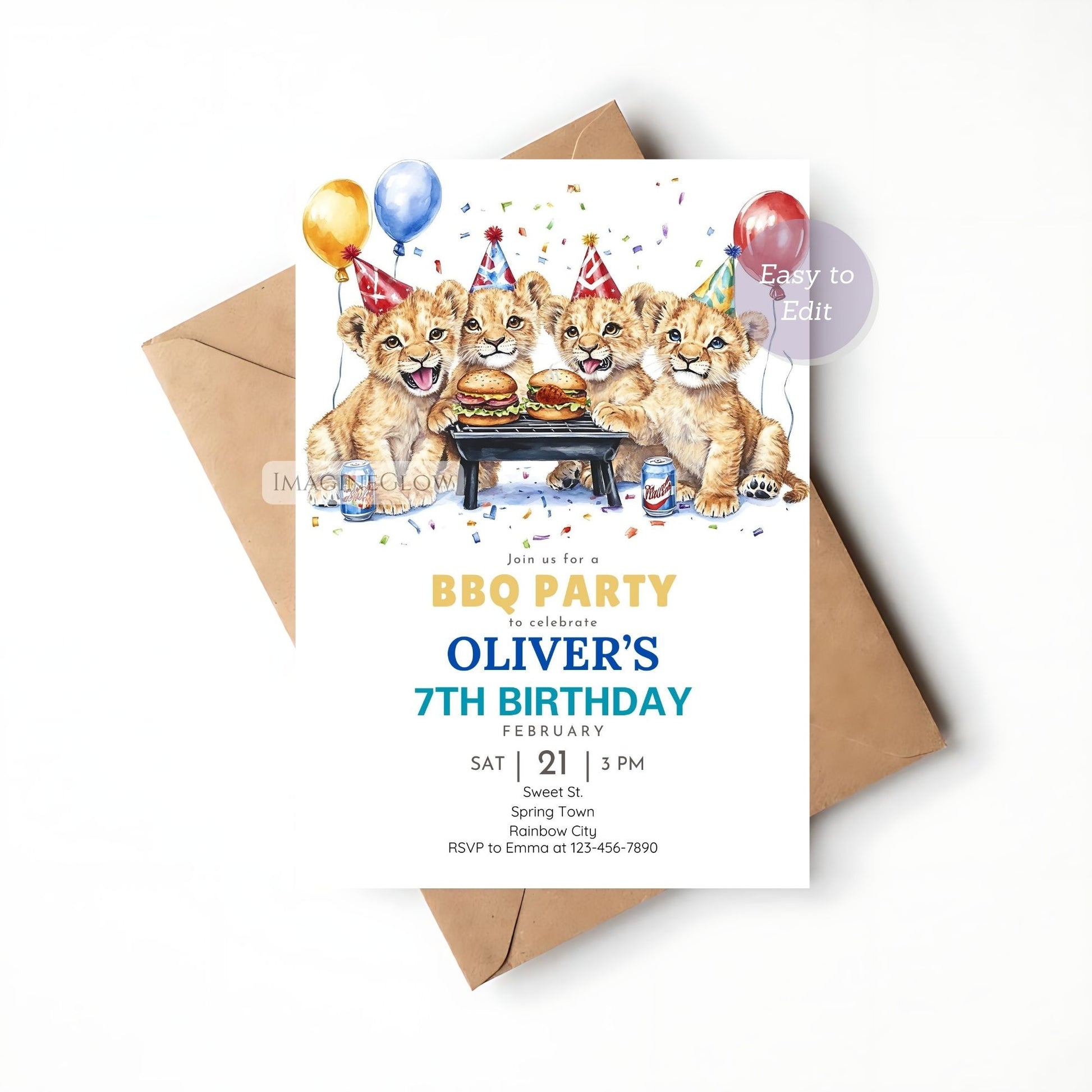 Printable safari-themed invitation featuring four lion cubs at a BBQ.
