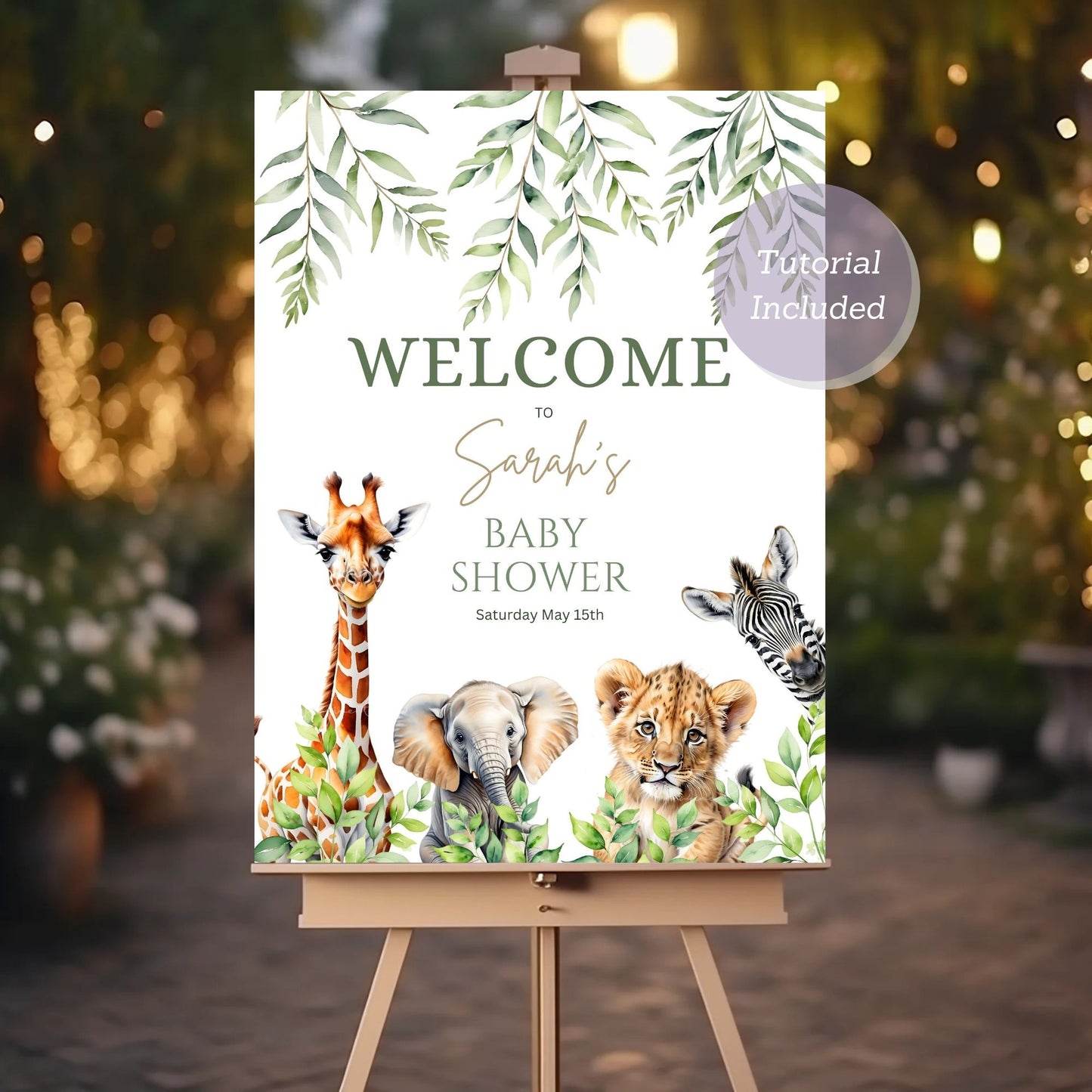 Safari jungle animals baby shower poster for party decoration.
Editable greenery baby shower sign with safari animals theme.
