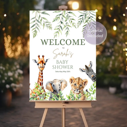 Safari jungle animals baby shower poster for party decoration.
Editable greenery baby shower sign with safari animals theme.
