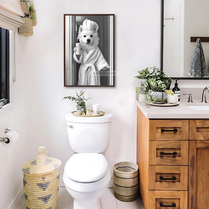 Funny bathroom decor with Samoyed dog in bathrobe style
