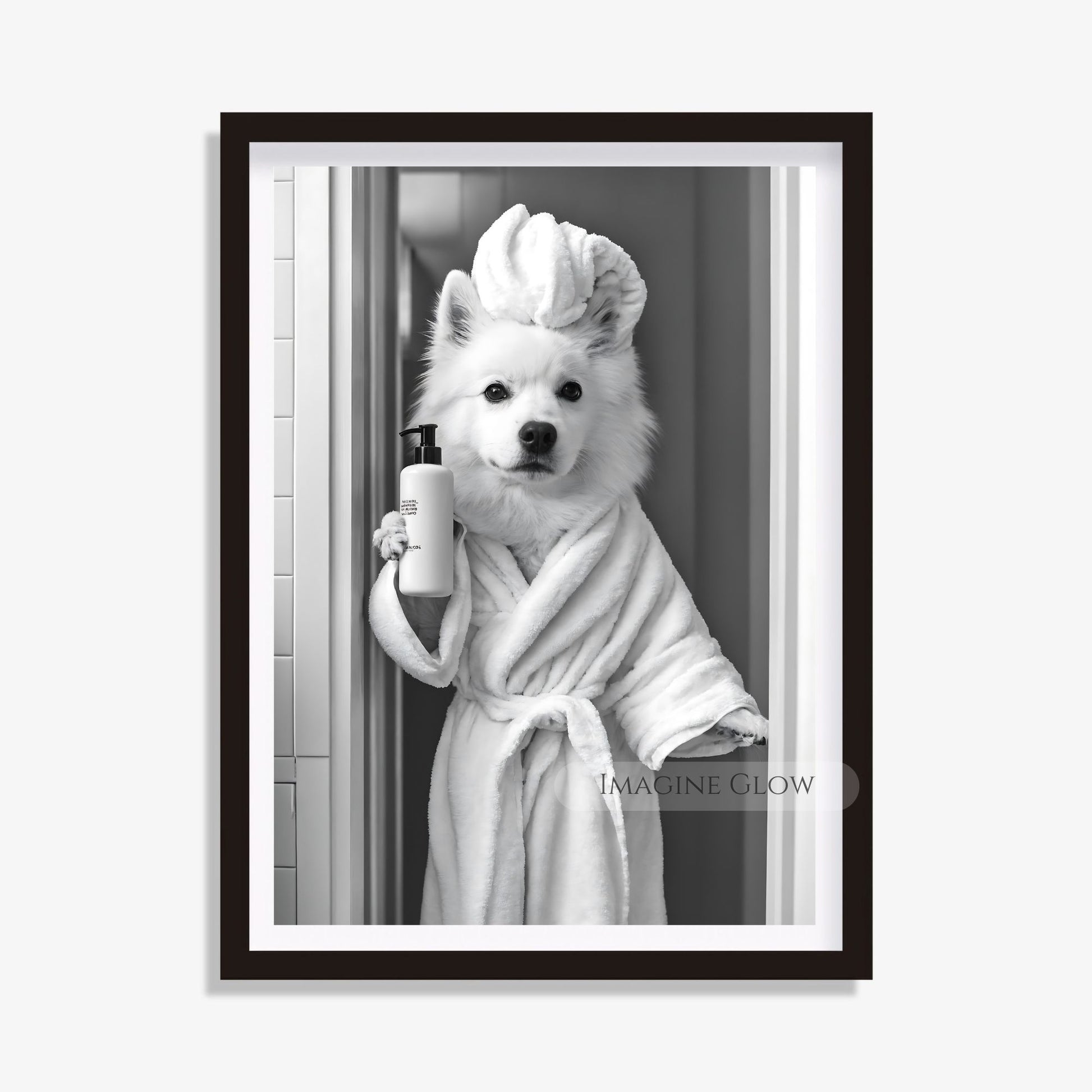 Stylish black-and-white Samoyed bathroom art print
