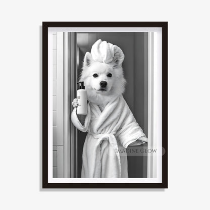 Stylish black-and-white Samoyed bathroom art print
