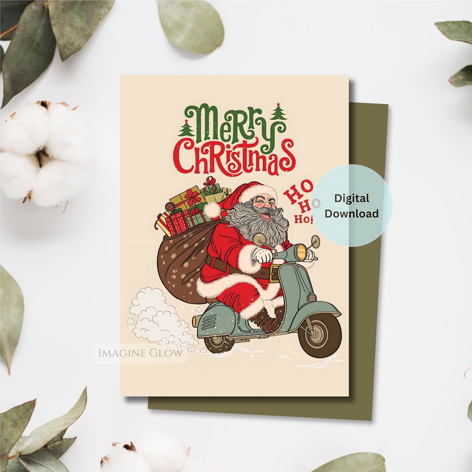 Christmas card with Santa Claus on a scooter and 'Merry Christmas' text, surrounded by decorative elements.