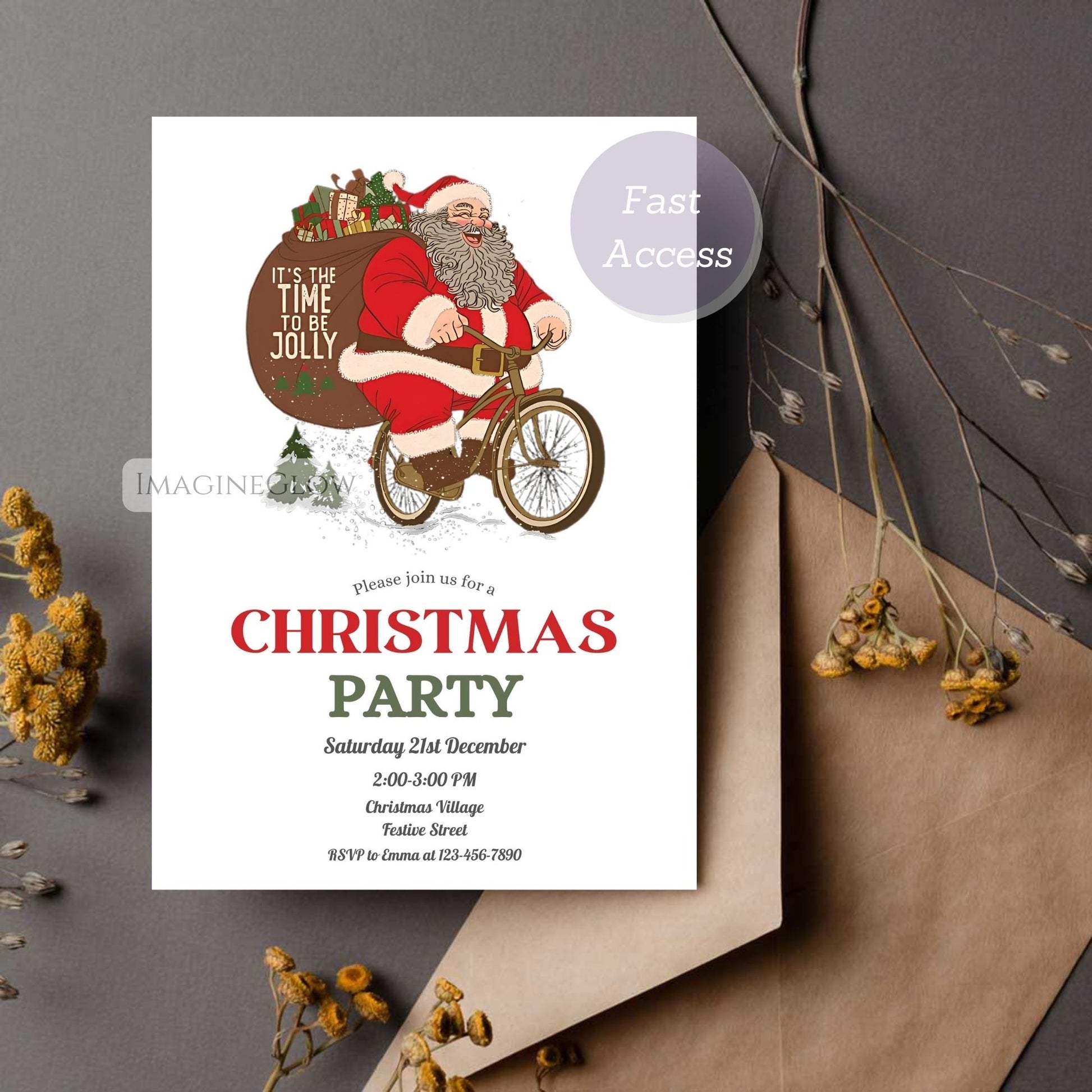 Christmas party invitation with Santa Claus on a bike, placed on a gray surface with decorative elements.