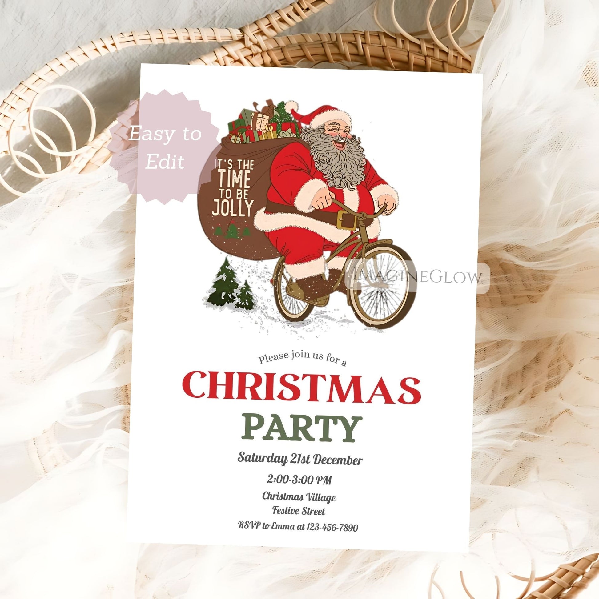 Christmas party invitation with Santa Claus on a bike, placed on a textured surface.