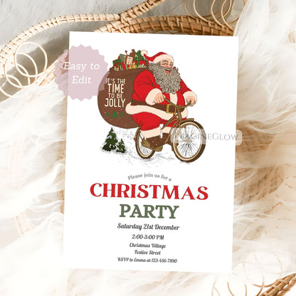 Christmas party invitation with Santa Claus on a bike, placed on a textured surface.