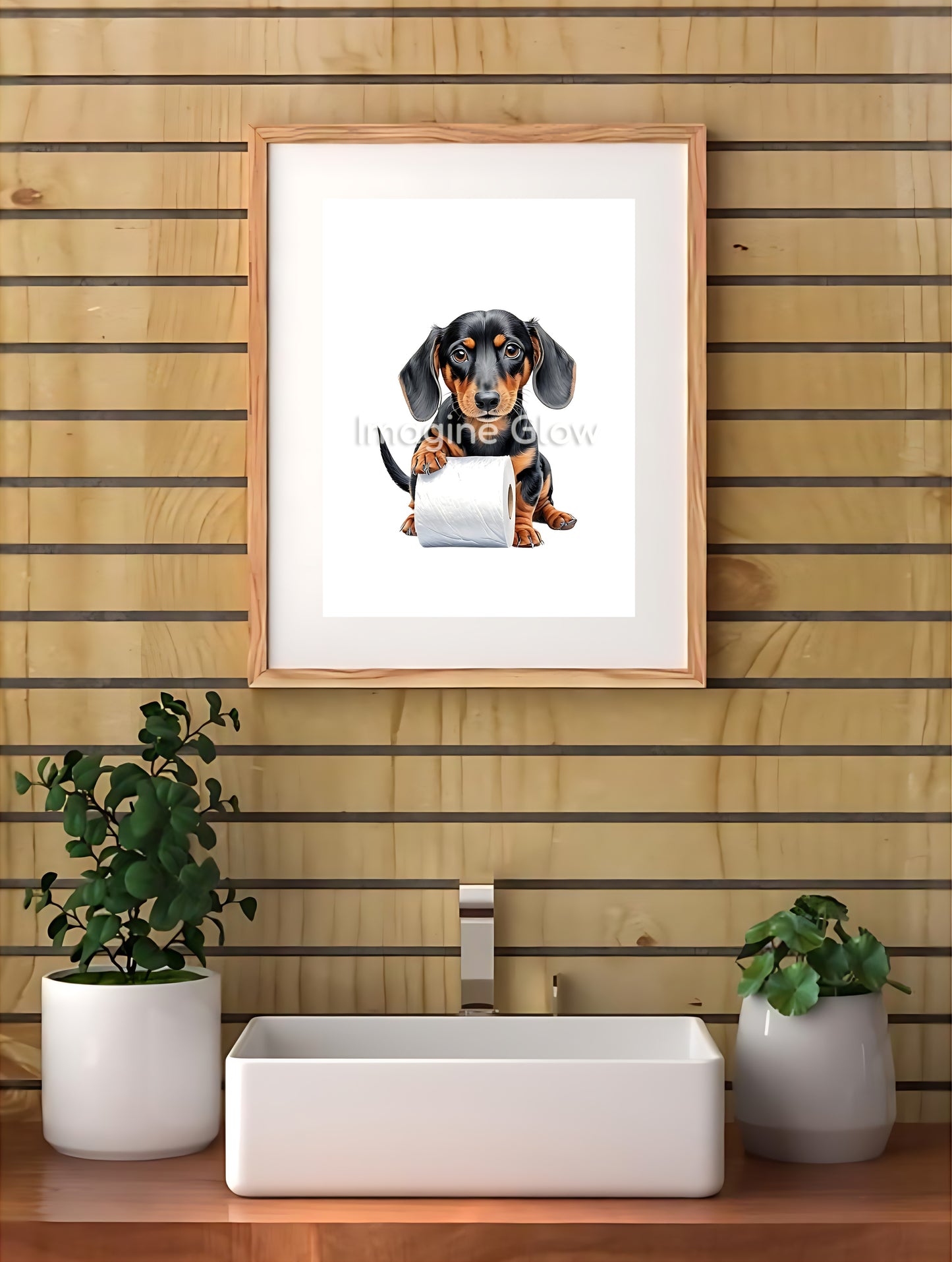 Dachshund illustration for whimsical bathroom decoration
Dog lover humorous wall art with dachshund theme